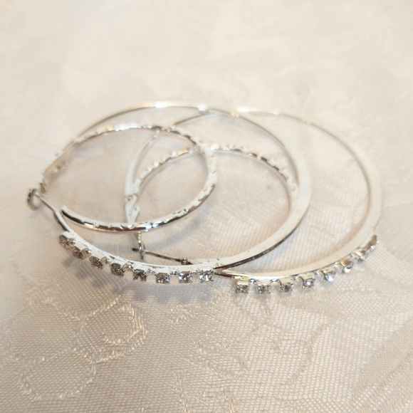 Monaco Double Circle Silver Hoop Earrings with Clear Rhinestones - Picture 3 of 7